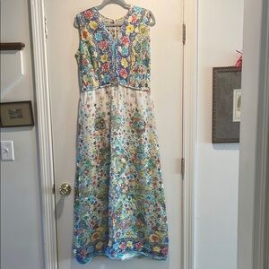 Rose Frank Vintage Multi Silk Floral Piped Zipper Back Sleeveless Maxi Dress